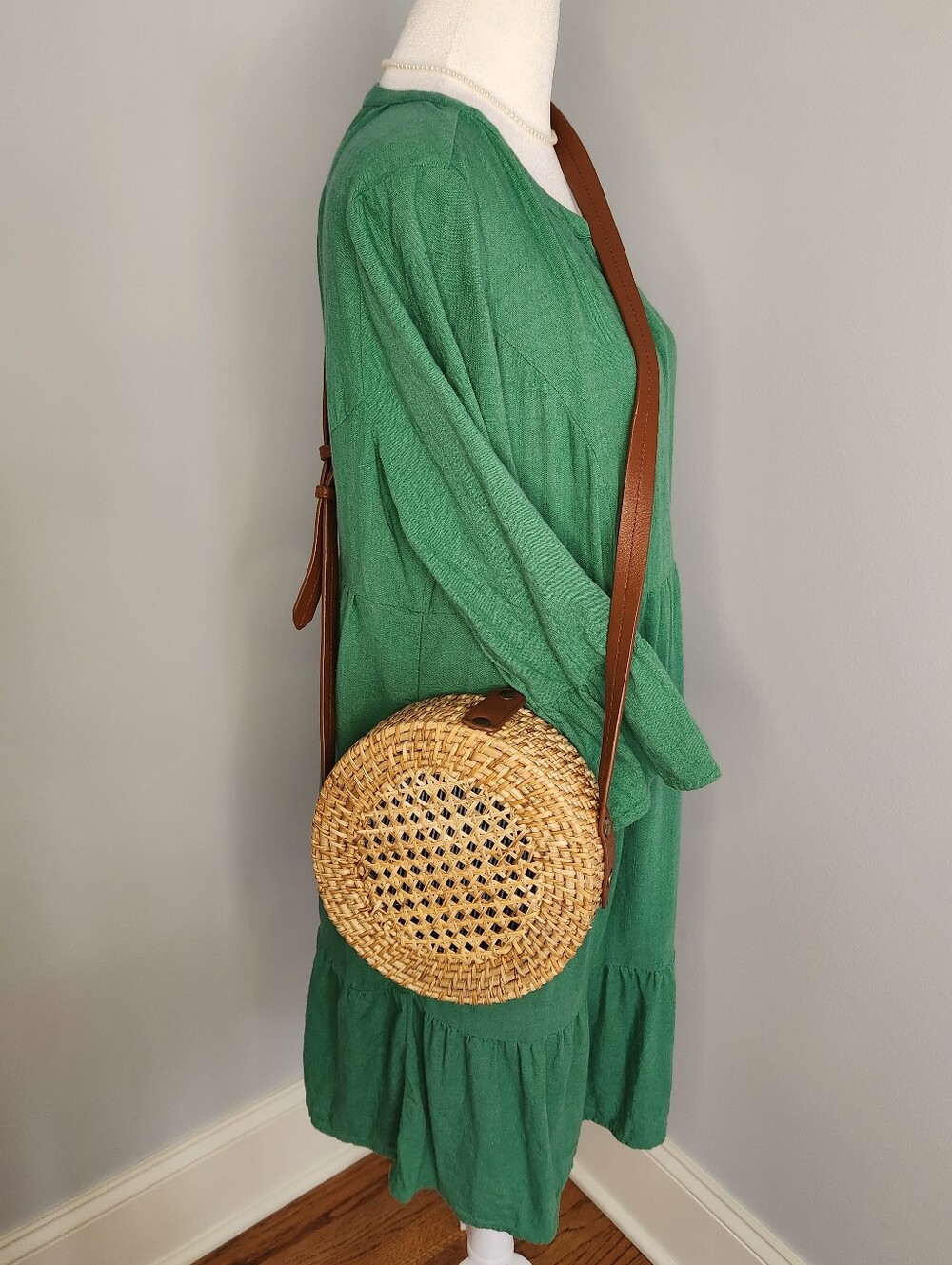 J. Crew Woven Round Rattan Canteen Crossbody Bag with Brown Leather Strap